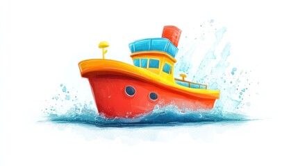 Red toy boat sailing, splashing water, white background; kids' illustration