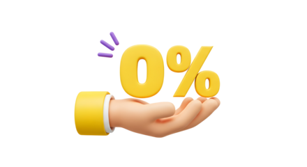 3D Hand holding zero percent interest for credit. Free commission concept. Gold 0% special offer. Bank loyalty program. Cartoon creative design icon isolated on white background. 3D Rendering