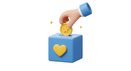 3D Character hand holding coin for donation. Donate to help Ukraine. Financial support concept. Fund save life. Donation box. 3D Rendering