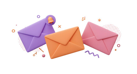 3D Send letters in envelopes. Mail notification. Bell notice. Email message concept. Email newsletter with letter paper. Cartoon creative design icon isolated on white background. 3D Rendering