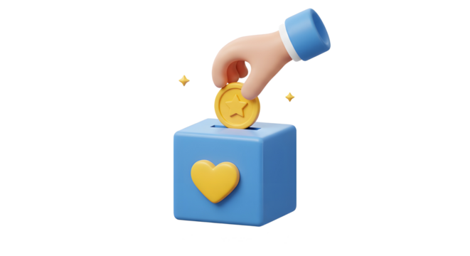 3D Character hand holding coin for donation. Donate to help Ukraine. Financial support concept. Fund save life. Donation box. 3D Rendering