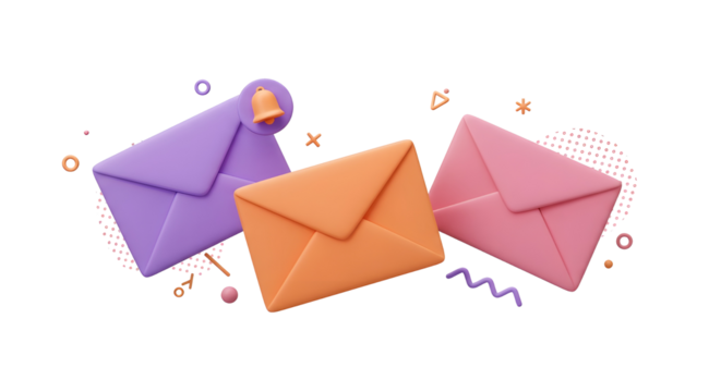 3D Send letters in envelopes. Mail notification. Bell notice. Email message concept. Email newsletter with letter paper. Cartoon creative design icon isolated on white background. 3D Rendering