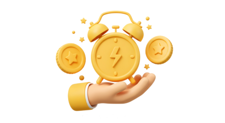 3D Hand holding alarm clock with floating coin. Fast money concept. Limited business promotion offer. Quick payment. Easy loan or credit. Cartoon creative design icon on white background. 3D Rendering