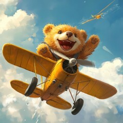 A joyful bear takes control of a small yellow airplane soaring high amidst fluffy clouds. With an enthusiastic smile it enjoys the thrill of flying bringing energy and delight to the sky