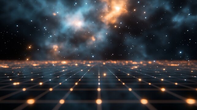 Abstract grid horizon with cosmos backdrop and blue nebula cloudscape