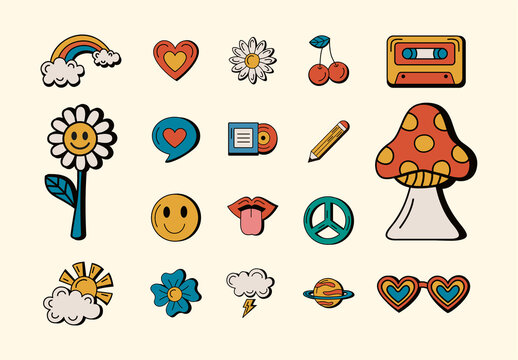 Black Retro Pop Culture Music Sticker Icons Set