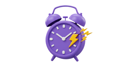 3D Alarm clock with lightning. Fast delivery concept. Limited sale for online shopping. Quick time. Wake up. Purple and yellow. Cartoon creative design icon isolated on white background. 3D Rendering