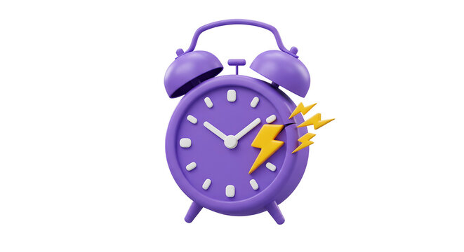 3D Alarm clock with lightning. Fast delivery concept. Limited sale for online shopping. Quick time. Wake up. Purple and yellow. Cartoon creative design icon isolated on white background. 3D Rendering