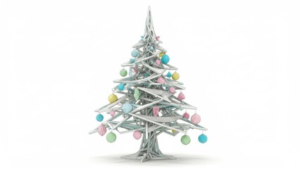 A minimalist, geometric Christmas tree illustration with pastel ornaments.
