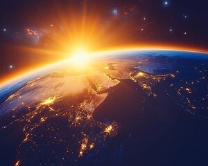 A vibrant sunrise illuminates Earth from the expanse of outer space