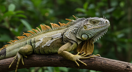 Green Iguana gracefully sheds its old skin patches amidst lush jungle foliage