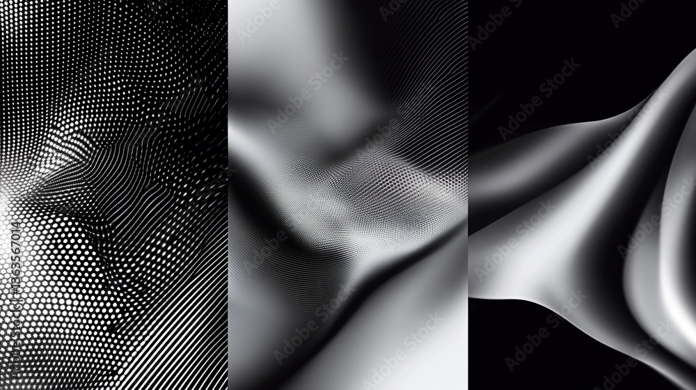 Poster abstract monochrome triptych featuring geometric patterns and flowing shapes in grayscale tones