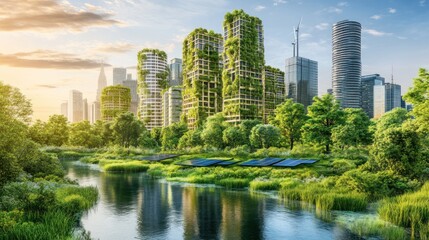 Fototapeta premium Green city sunrise, river, solar panels