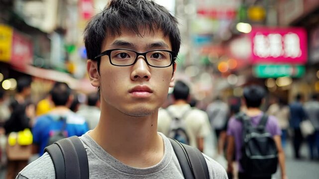 Young man stands confidently in bustling street market surrounded by colorful signs and people in the heart of the city