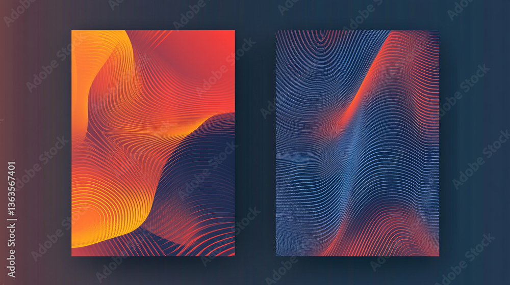 Poster two abstract posters with wavy lines and gradient colors on a dark background surface design