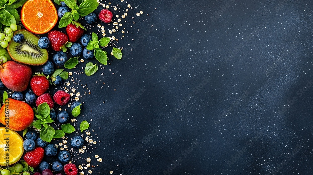 Poster fruits and veggies on black background with text/image space