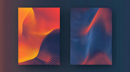 Two abstract posters with wavy lines and gradient colors on a dark background surface design