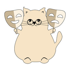 Nice cute fat funny cat with theatre mask on white background isolated vector illustration