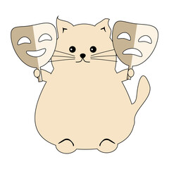 Nice cute fat funny cat with theatre mask on white background isolated vector illustration