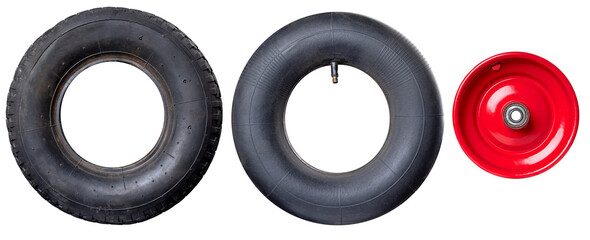 Tire, rim and inner tube on isolated background. Components of a garden wheelbarrow wheel.