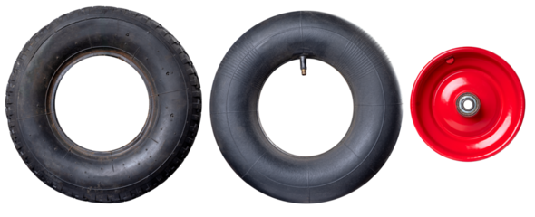 Tire, rim and inner tube on isolated background. Components of a garden wheelbarrow wheel.