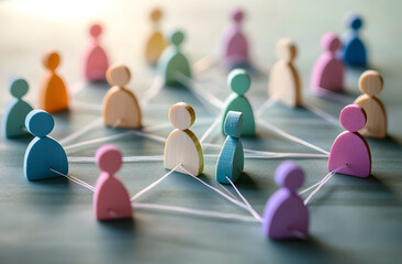 Pastel shades human resource, world wide web concept. Wooden figurines connected, recruitment management, business idea. Global social network, connection, communication, hr business strategy,