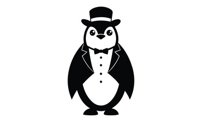 Penguin in tuxedo hat art silhouette, Penguin in Tuxedo Hat and Bow Tie on Rock Vector Illustration 