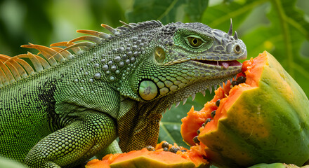 Fototapeta premium Green Iguana Indulging in a Tropical Papaya Feast amidst Lush Foliage