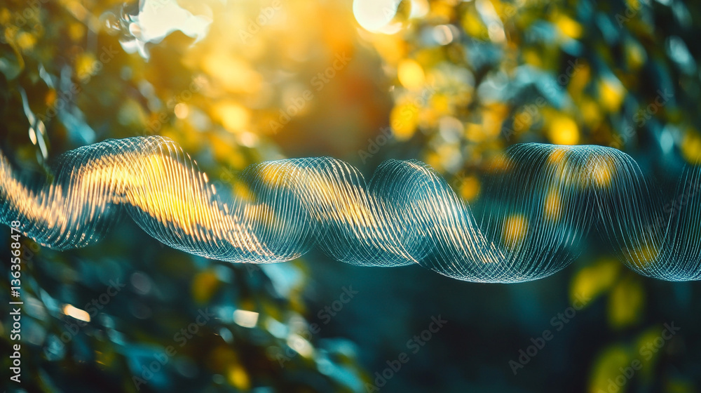 Poster abstract glowing wave form with blurred background of trees and bright sunlight shining through