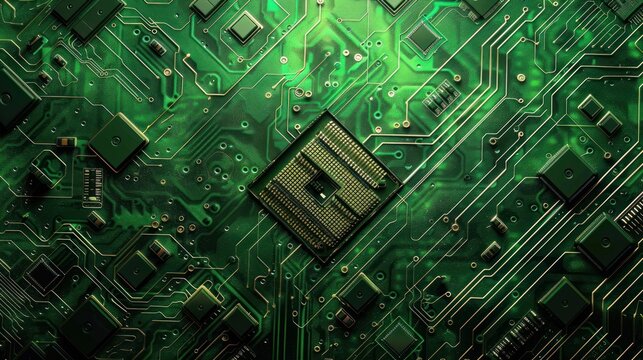 HighResolution CloseUp of a Green Circuit Board with Detailed Components and Microchips
