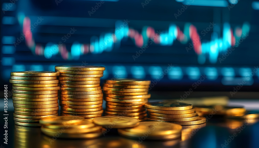 Poster stacks of gold coins in front of computer screen displaying dynamic graphs. concept of prosperous di
