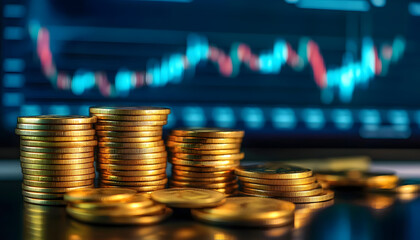 Stacks of gold coins in front of computer screen displaying dynamic graphs. Concept of prosperous digital economy, success, investment opportunities, market trends, financial data analysis and wealth.