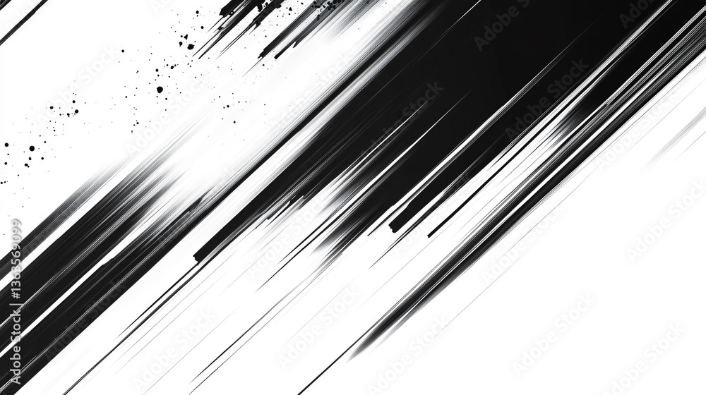 Poster abstract black and white background with diagonal brush strokes and splatter effects on a white canv