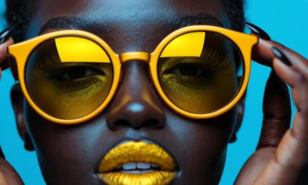 Close-up of afro american woman in yellow glasses and matching lipstick with confident gaze on blue background. Concept of bold style and visual impact