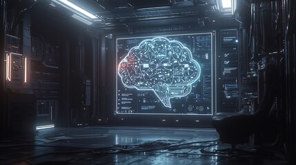 Obraz premium Glowing digital mind map with interconnected AI cloud computing and automation elements in a dark tech inspired room 4K ultra realistic