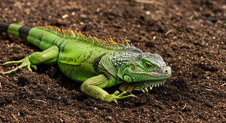 Green iguana resting in garden soil, showing detailed scales and spiky dorsal crest