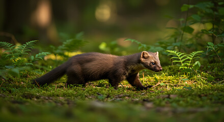 European Pine Marten Foraging in a Lush Green Forest Habitat on Sunny Day