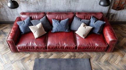 Red leather sofa, loft interior, pillows, rug