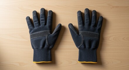 Work gloves resting on a wooden surface, conveying a sense of readiness and protection, symbolizing labor and effort