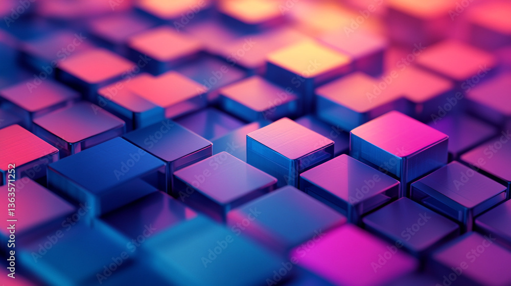 Poster abstract background of colorful cubes in blue pink and purple with a shallow depth of field view
