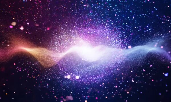 Flying sparkling and shiny particles, falling luminous colors, abstract rain of dots. Particle explosion. Digital futuristic background. Seamless looping 4k
