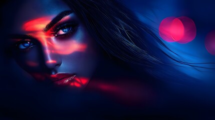 Closeup Portrait of a Mysterious Woman with Illuminating Light and Dark Background