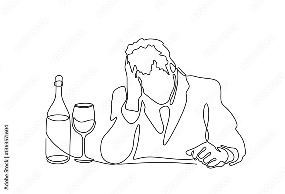 Poster man with a glass and a bottle of wine one line continuous line art drawing vector illustration isola