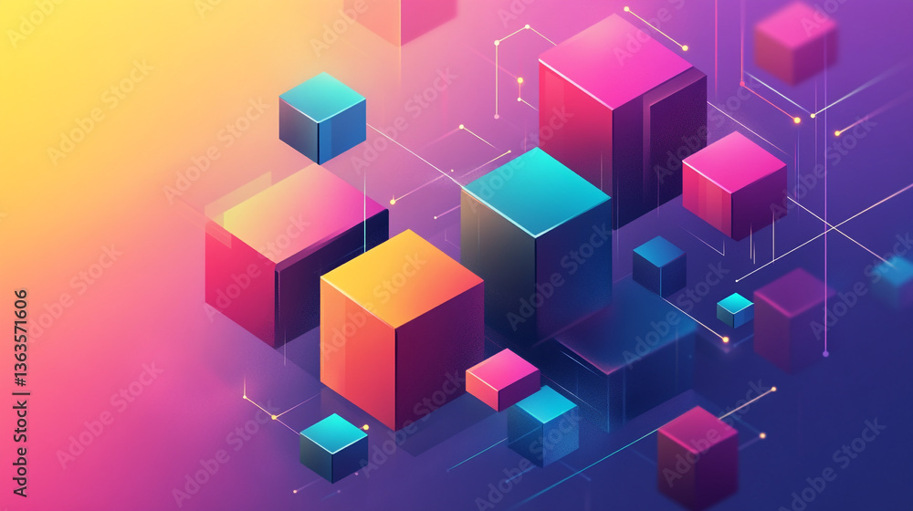 Poster isometric cubes floating in a colorful abstract space connected by lines and glowing dots design