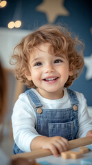 Fototapeta premium Toddlers playing with shape sorting toys in a vibrant daycare setting