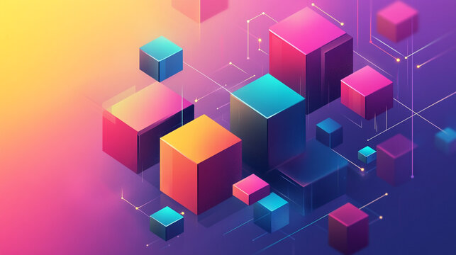 Isometric cubes floating in a colorful abstract space connected by lines and glowing dots design