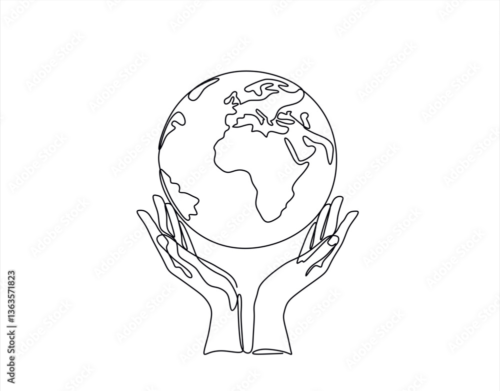 Poster one continuous line drawing of hands holding earth globe. world environment day poster in simple lin