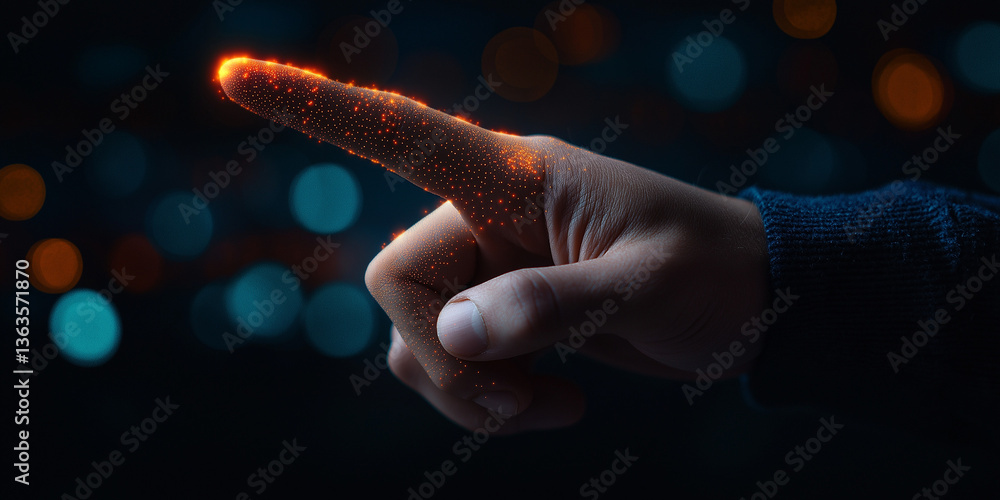 Poster hand pointing with digital fire effect and bokeh lights background