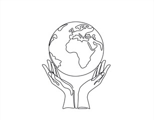 One continuous line drawing of hands holding Earth globe. World environment day poster in simple linear style. Protect and save planet concept in editable stroke. Doodle outline vector illustration