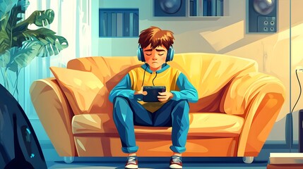 Obraz premium Sad and Isolated Teenage Boy at Home - Vector Illustration for Emotional Conceptual Design Projects